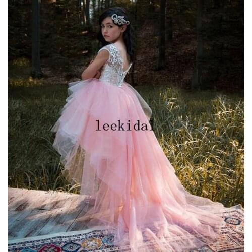 Cute Pink High Low Flower Girls Dresses for wedding Applique Lace tiered First Communion Dress Cheap Custom Made Pageant Gowns