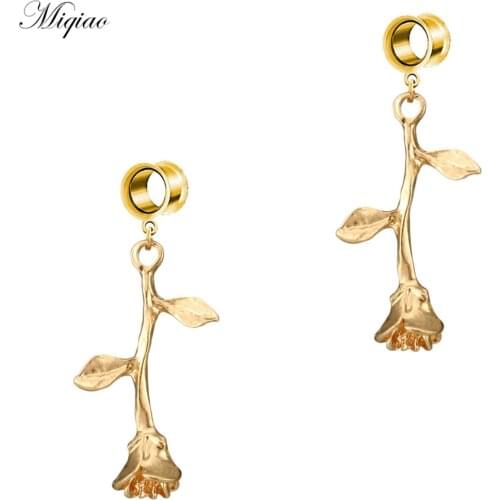 Miqiao 2pcs Hot Selling Exquisite Stainless Steel Rose Leaf Ear Expander 6mm-25mm Human Body Piercing Jewelry