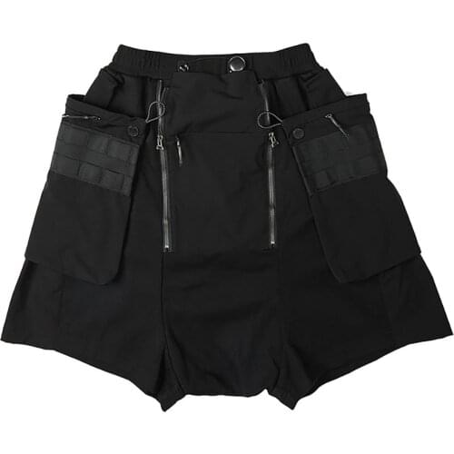PUPIL TRAVEL PT-2010 Techwear Mens Kilt Like Black Cargo Shorts Molle Panel Design Hip Hop Style Punk Fashion