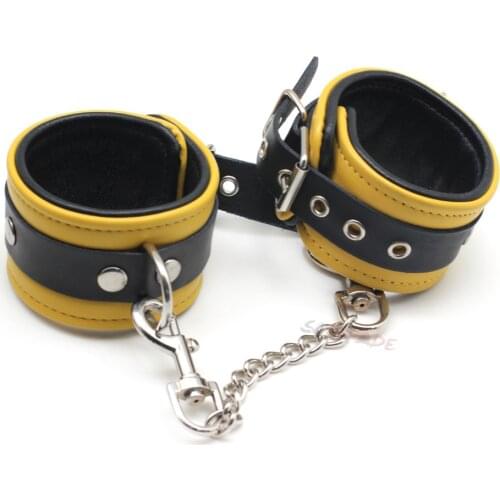 Smspade adult game sex toys yellow leather adjustable bondage handcuffs, fetish handmade padded wrist cuffs with double clips