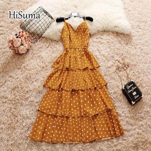 2020 summer new womens spaghetti strap dot V-neck layer ruffles waist chiffon cake dresses female elegant puff dress ball gown