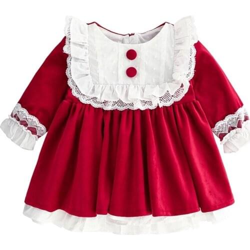 Girls Clothes Winter Lolita Kids Elegant Wedding Dress Lace Thicken Children Dresses Girls Birthday Dress with Velvet red 0-5Y