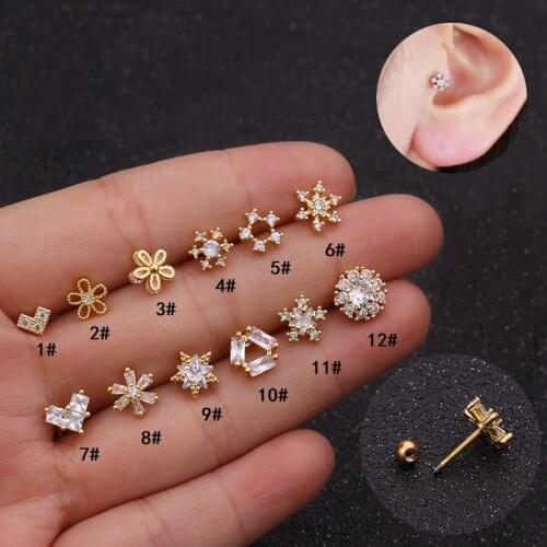 1Piece Cute Diameter 0.8mm Piercing Stud Earrings for Women 2021 Jewelry Snowflake Flower Heart Inlaid Zircon Earrings Wholesale