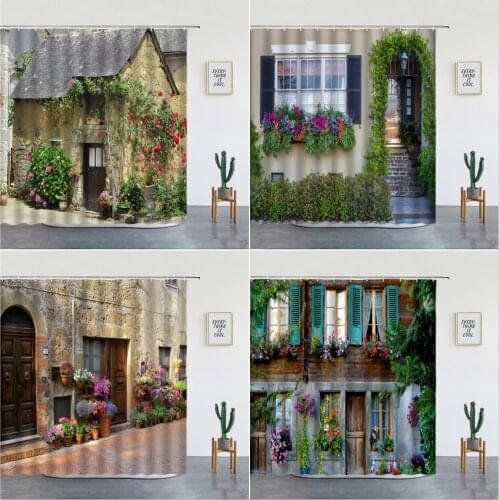 Landscape Printed Shower Curtains Retro Style Rural Ldyllic Flowers European Garden Bathroom Decor Polyester Fabric With Hooks