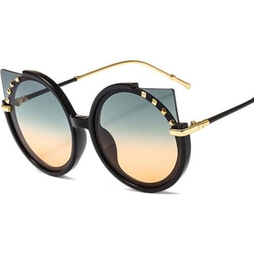 New Unique Ladies Cat Eye Sunglasses Women Brand Designer Big Shades Fashion Rivet Round Frame Sun Glasses Female