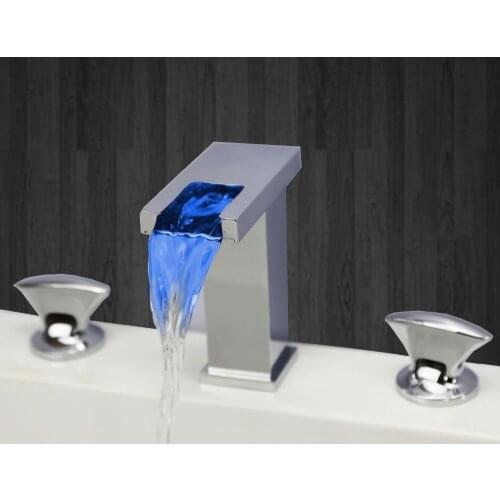 Modern Bathroom LED WIdespread 3 Pcs Waterfall Bath lavatory Sink Faucet Square