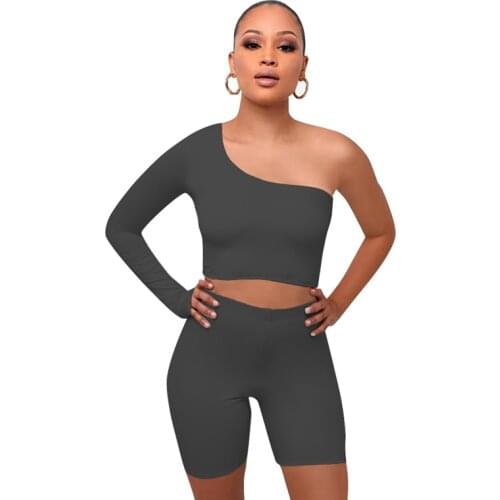 Workout Tracksuit Women Two Piece Set Spring One Shoulder Crop Top and Biker Shorts Set Bodycon Sports Outfits for Women Fitness