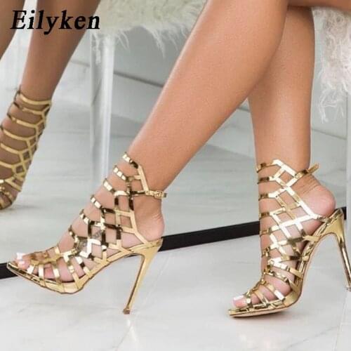 Eilyken 2021 New Design Open ToeThin Heels Gladiator For Women Sandals Champagne Fashion Buckle Back Strap Ladies Shoes