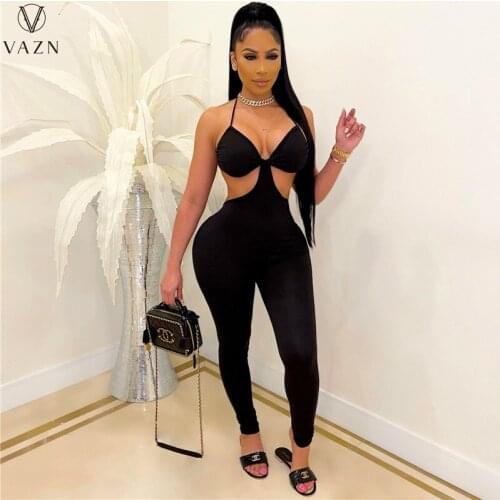 VAZN 2021 New Shinny Bandage Sexy Lady Women Deep V-neck Solid Party Beach Jumpsuits Full Pant Bandage Rompers