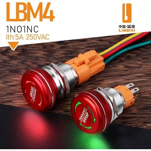 16mm 19mm 22mm waterproof IP65 Mushroom emergency stop push button switch with led light luminescence