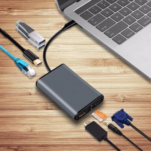 YOJOCK USB-C Hub Adapter with HDMI 4K 30Hz, VGA, Audio Jack, Ethernet RJ45,USB 3.0,TF Card Slot,Type-C PD Port for Macbook Pro