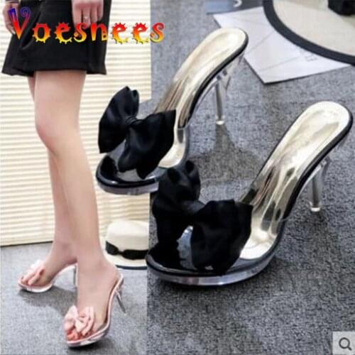 Slippers Women Sweet Bowtie Crystal Slippers Woman Transparent Open Toe Outdoor Female Shoes Silver Summer Shoes Woman shoes