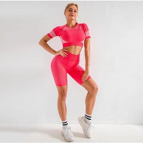 Women Short Sleeve 2 Piece Set Seamless Sport Suit Gym Clothes Fitness Crop Top High Waist Sportswear Summer Clothes Jogging
