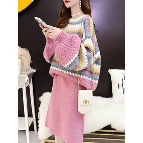 Autumn 2020 New Fashion Temperament Hot Sale Knitting Suit Skirt Female Fashion Sweater Two Piece Set Casual Sweet Knitwear y191