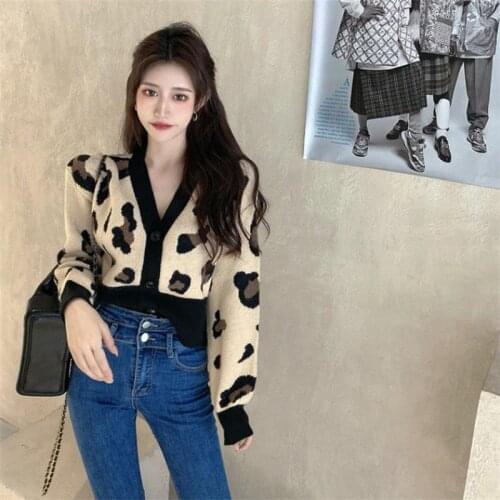 Sweater Woman Winter New Arrival Loose Lazy Retro Casual Leopard Print Knitted V-neck Cardigan Jacket