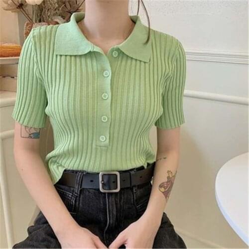 Korean Fashion Women Knitted Buttons Cropped Sweater Vintage Turn Down Collar Stretch Knitwear Short Sleeve Thin Tops PZ3366