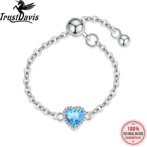 TrustDavis Real 925 Sterling Silver Fashion Romantic Heart CZ Chain Ring Sizable For Women Wedding Party Fine Jewelry DA1885