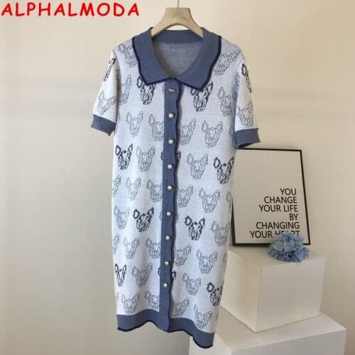 ALPHALMODA 2021 Turn-down Collar Single Breasted Short-sleeved Knitted Dress Fashion Cat Knitted Slim Dress for Women