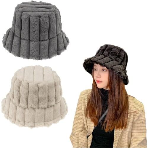 2021 Women Girls Winter Thickened Fluffy Plush Cap Plaid Solid Color Wide Brim Sun Protection Packable Outdoor Fisherman Hat