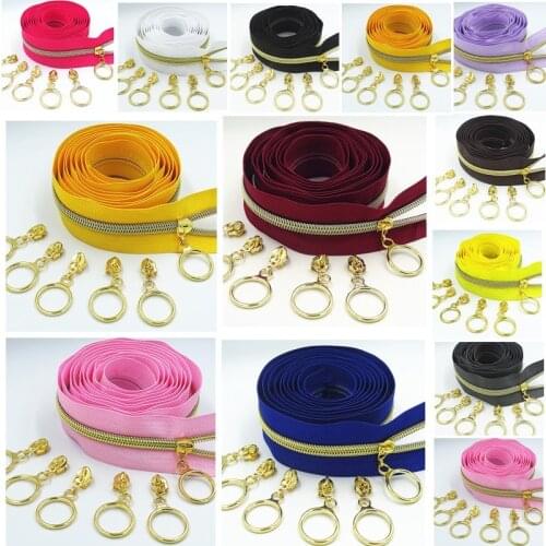 2M 4Pcs Slider 5# Colored Golden Tooth Nylon Zipper Coil Code Decoration Luggage Garment Purse Bags DIY Home Sewing Accessories