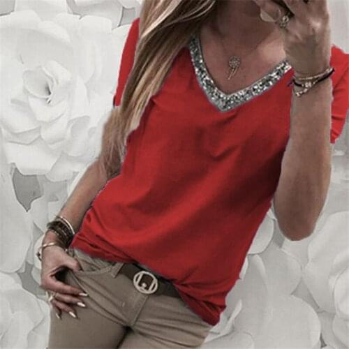 2021 Fashion Red Women Tshirts Casual Spring Summer Short Sleeve Sequin V Neck T Shirt Stylish Solid Loose Pullover Tops