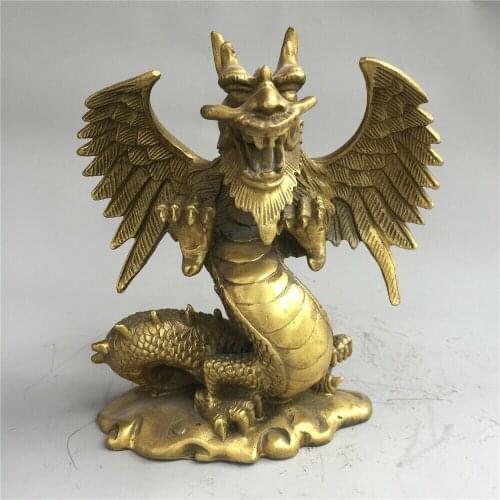 6" Chinese old antique bronze brass auspicious dragon Fengshui ornaments statue