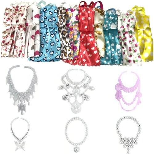 NK Free Shipping 16 Items/set = 10 Pcs Mix Sorts Beautiful Party Clothes Fashion Dress+6 Plastic Necklack For Barbie Doll DZ