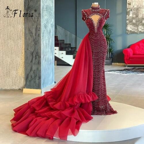 Sparkly Red Beaded Prom Dress 2021 Dubai Detachable Lace Train Shining Evenig Dress Gorgeous Gown Saudi Arabia vestido de noiva