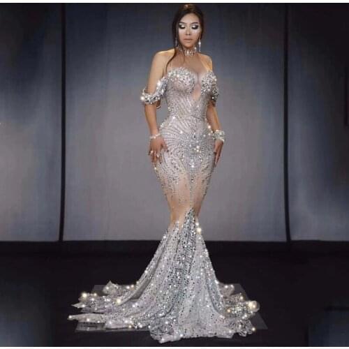 Flashing Silver Sequins Rhinestones White Fringes Dress Womens Birthday Prom Performance Outfit Bar Evening Singer Wear vdb1133