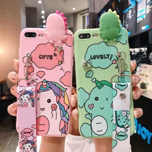 For iPhone 12 11 Pro Xs Max Xs XR 6 7 8Plus SE 2020 Case Pink dinosaur TPU Case Soft Phone Strap Rope Case