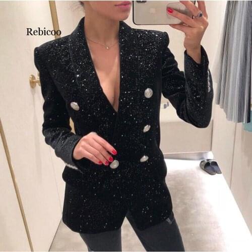 Designer Blazer Jacket Womens Shawl Collar Bling Star Velvet Blazer Coat Double Breasted Vintage Long Black Blazers Ladies