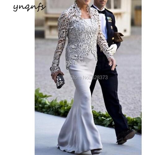 YNQNFS M75 Two Piece Long Mother of the Bride Dresses with Long Sleeve Lace Jacket Bolero Outfits Formal Gown for Wedding Party