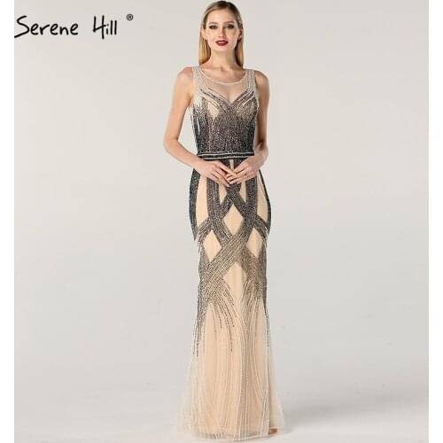 Dubai Latest Design Blue Gold Sleeveless Evening Dresses 2021 Beading Sequined Luxury Evening Dress Long Real Photo LA60783