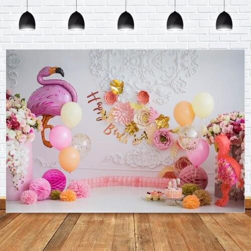 Flamingo Happy Birthday Backdrop Photocall Birthday Dessert Table Photography Background for Children Balloons White Brick Wall