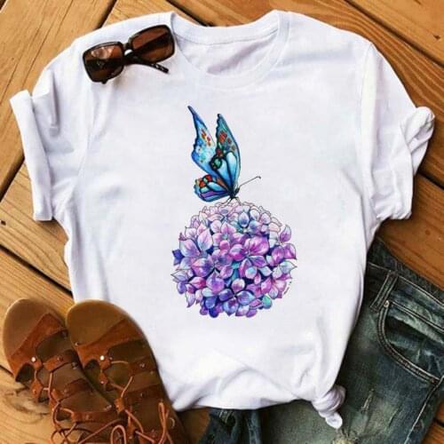 Butterfly Flowers Printing T-shirts Women Summer Clothes Tops for Girls Woman Tshirts Graphic Round Neck Camisetas Mujer