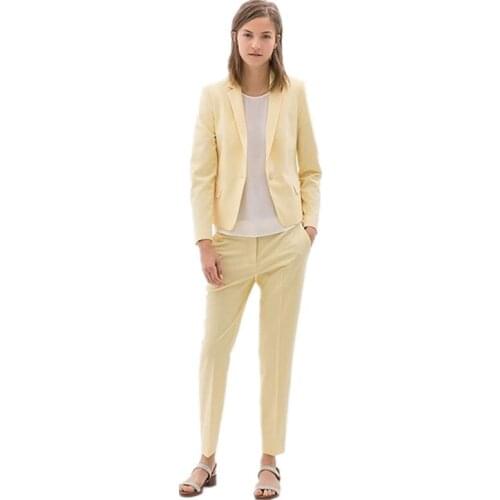 Yellow Women Business Suits Ladies Formal Peak Lapel Office Uniform Style 2 Piece Work Wear Women Tuxedos Female Trouser Suit