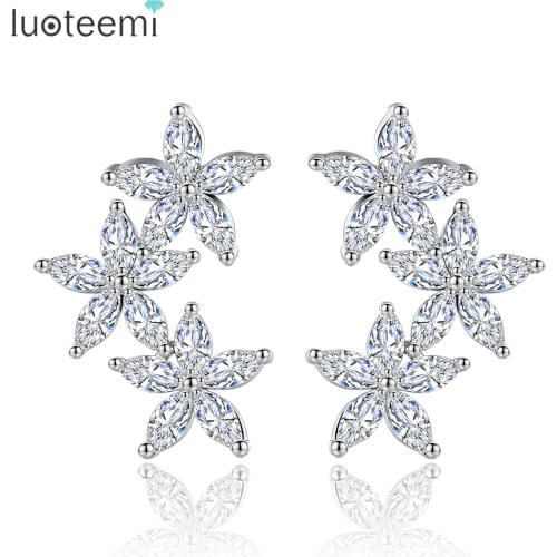 LUOTEEMI New Like Flowers Blossoming Stud Earrings Cubic Zircon Girl Brincos White Gold-Color Jewelry For Women Wedding Gift