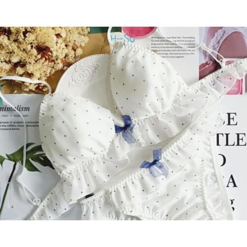 Dots Cute Japanese Bra & Panties Set Chiffon Wirefree Soft Underwear Sleep Intimates Set Kawaii Lolita Color White & Blue