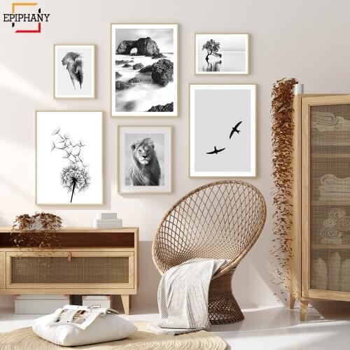 Wall Art Canvas Painting Arch At Sea Poster Nordic Black and White Prints Dandelion Landscape Wall Picture for Living Room Decor