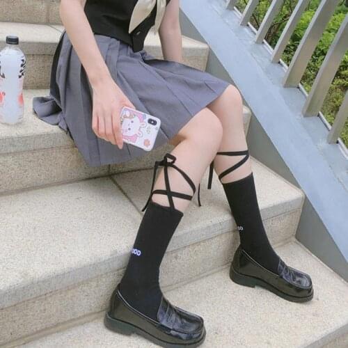 Sexy Cross Long Rope Banding Bowknot Lolita Socks Breathable Cotton Cosplay Princess Sock Women Black White Casual Soxs Female
