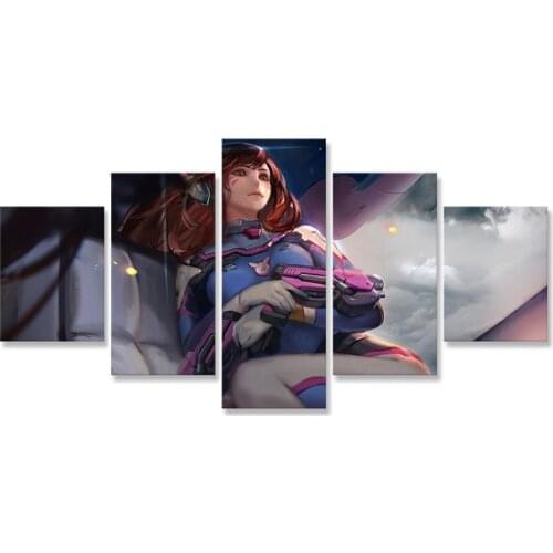 Overwatchs DVa Brunette Girl Canvas Painting 5 Panel Modern Wall Art Print Paintings for Living Room Wall