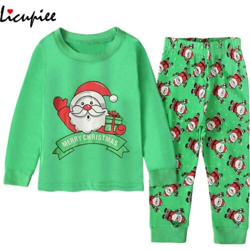 2 Pcs Boys Christmas Pajamas Autumn Children Santa Claus Print Long Sleeve Round Neck Pullover + Trousers 1-7 Years