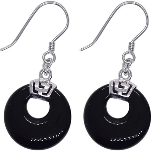 100% Real 925 Sterling Silver Dangle Earrings With AAA Grade Black Agate Stone