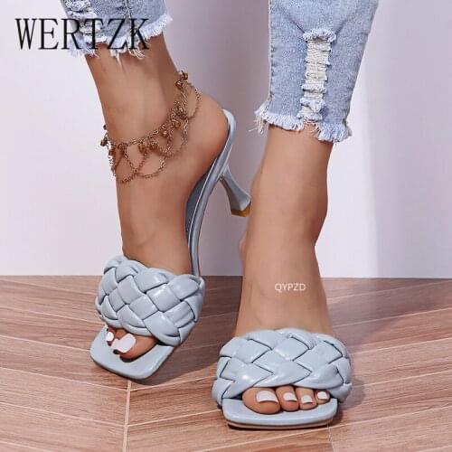 Weave Designer Women Slipper Ladies Thin High Heel Sandal 2021 New Summer Slip-On Open Toe Brown Outdoor Slides Flip Flop Shoes