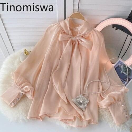Tinomiswa French Style Blouse Women Bow Knot Collar Long Sleeve Shirts Elegant All-match Solid Color See Through Ladies Tops
