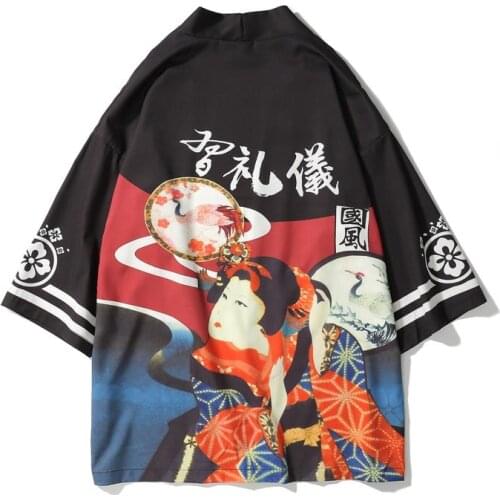 Japanese Kimono Traditional Yukata Ukiyoe Seven Sleeve Shirt Printing Surplices Loose Coat Clothing Korean Hanbok Cosplay Asian