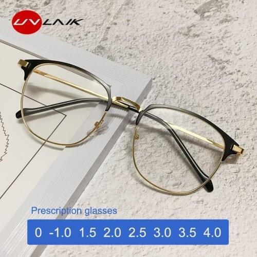 UVLAIK Finished Myopia Glasses Men Fashion Metal Square Prescription Eyeglasses Women Shortsighted Eyewear Myopic -1.0 to -4.0