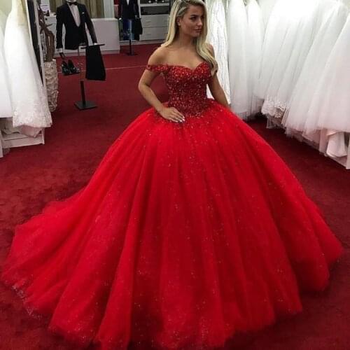 Bright Red 2021 Ball Gown Quinceanera Dresses Off Shoulder Beads Crystals Lace Up Sweet 16 Dresses Vestidos De