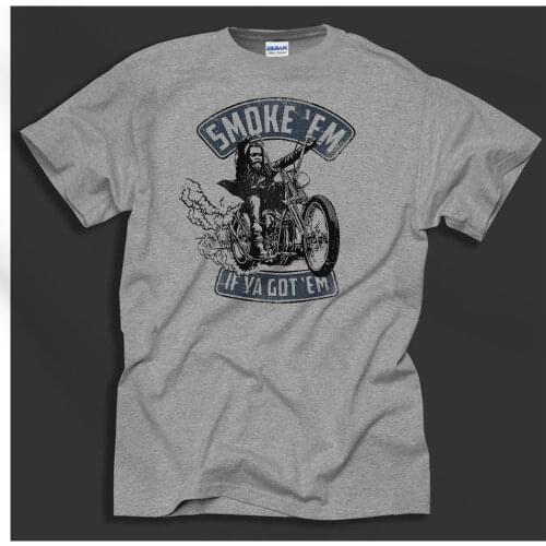 Funny Clothing Casual Short Sleeve Summer Smoke Em Chopper 70s Motorcycles Classic Biker Grey Tee Shirt