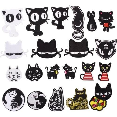 Iron on Patches Cute Cats Embroidered Appliques Thermo Stickers Sewing Supplies Black White Kitty Embroidery Patches Clothing